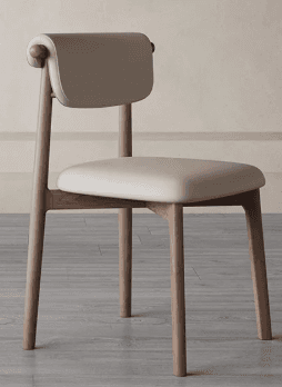 A modern dining chair with a minimalist design. It features a wooden frame with elegantly curved legs and a slightly curved backrest. The seat and backrest are upholstered in a light-colored material. — 3D model