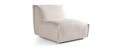 A low-profile, armless lounge chair upholstered in a light, textured fabric, featuring a softly curved, integrated back and seat with distinct piped seam detailing. The design is contemporary and minimalist, with a sculptural and inviting form. — 3D model