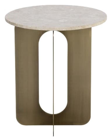 A round-top side table featuring a light-colored natural stone top and a unique sculptural metal base with arched cut-outs and a cross-shaped support. — 3D model