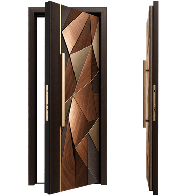 A sophisticated entry door featuring an intricate geometric pattern crafted from various shades of wood veneer and metallic brass-toned inlays. It includes a vertical fluted side panel and a long, rectangular brass bar handle, all set within a dark, solid frame. — 3D model