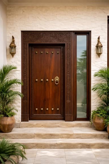 An intricately designed front entrance featuring a dark brown wooden door set within a deeply carved, matching wooden frame. The door itself is adorned with decorative brass studs and a prominent brass knocker. Flanking the door are two elegant brass wall sconces, providing illumination. The entire assembly is recessed into a light beige, textured stone wall, with a small stepped stone entrance leading up to it. Two potted palm plants are strategically placed on either side of the steps, adding a touch of greenery. — 3D model