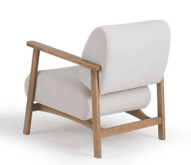 A modern lounge armchair featuring an exposed light-toned wooden frame and soft, light beige upholstered cushions for the seat and back. The design is minimalist with clean lines and rounded armrests. — 3D model