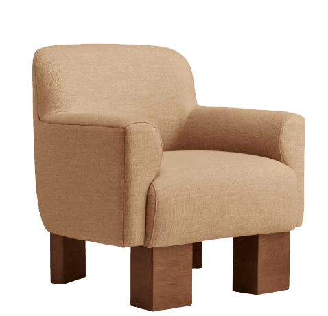 A single armchair with a upholstered body and block-shaped wooden legs. The armchair features rounded arms and a high back, all covered in a textured light brown fabric. The legs are made of dark wood and are positioned at each corner, providing a sturdy base. The design appears to be contemporary with a hint of mid-century modern influence. — 3D model