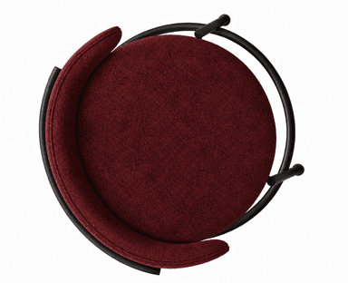 A contemporary bar stool featuring a black tubular metal frame, a circular upholstered seat, and a low, curved upholstered backrest. The upholstery is a rich, textured dark red fabric. — 3D model