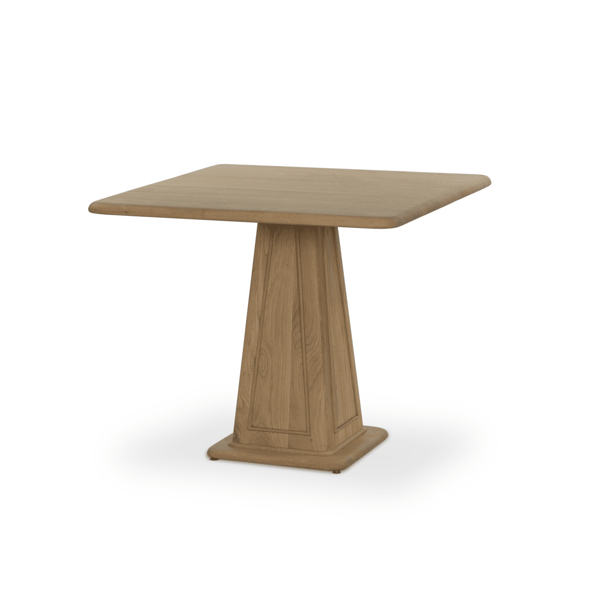 A square-top pedestal dining table crafted from wood. The table features a thick, slightly rounded square top supported by a substantial, tapered pedestal base. The pedestal has vertical paneling details and sits on a wide, flat base. — 3D model