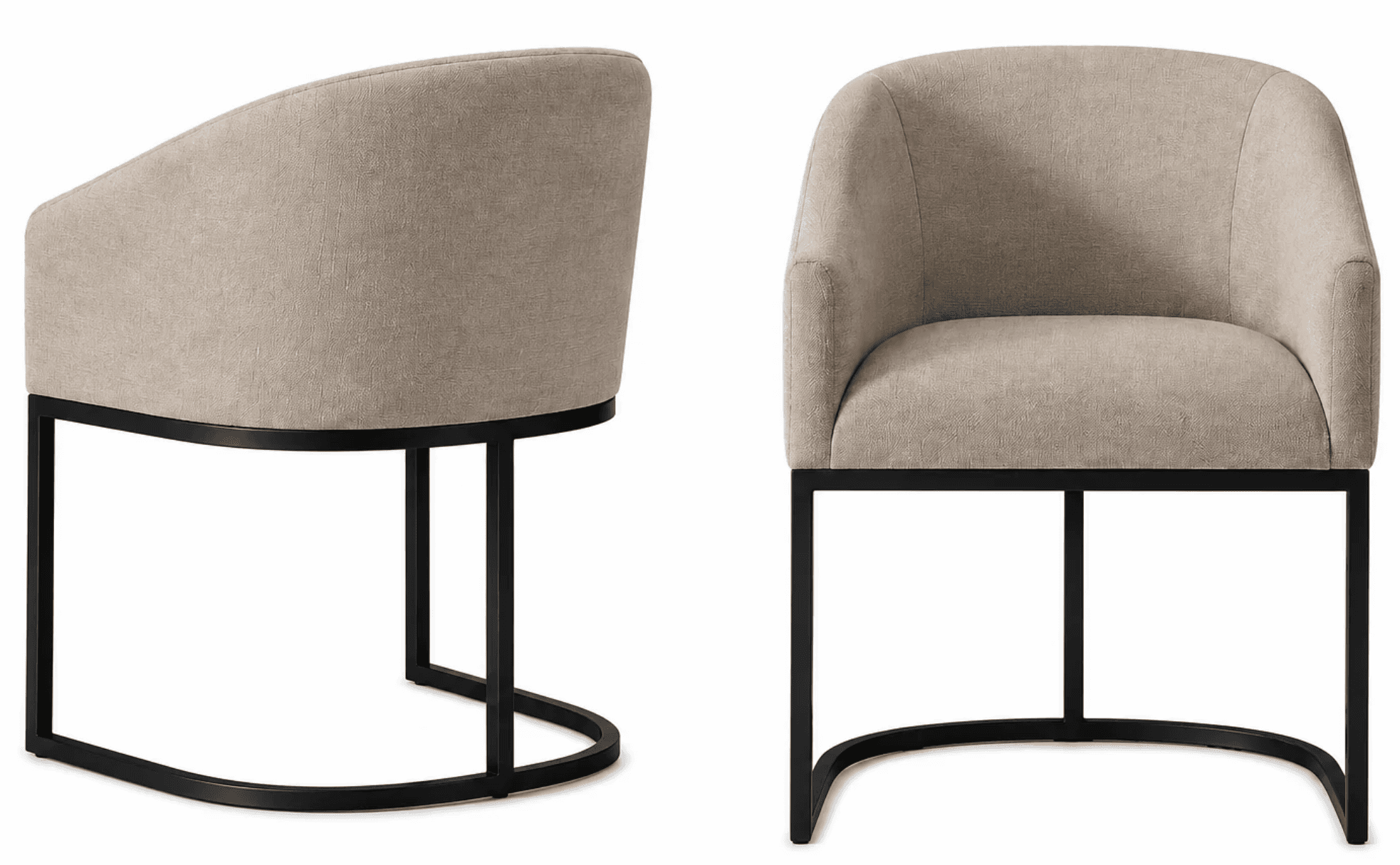 An upholstered barrel-back chair with integrated arms, featuring a light beige, textured fabric and supported by a black metal sled base. — 3D model