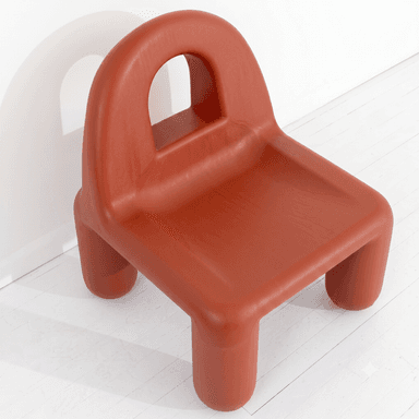 A small, unibody molded plastic children's chair rendered in a terracotta orange color. It features a wide, flat seat and a low, curved backrest that incorporates a semi-circular handle for easy portability. The chair is supported by four short, stout, cylindrical legs, all formed from the same continuous plastic material. — 3D model