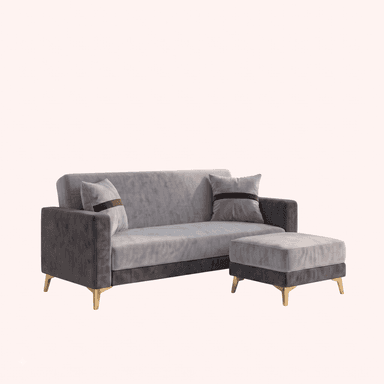 A modern two-seater sofa featuring a two-tone gray velvet upholstery, accompanied by a matching ottoman. The sofa has a low-profile design with sleek, straight arms and backrest, and is elevated by slender, gold-capped wooden legs. Two throw pillows with brown stripe detailing are included. The ottoman mirrors the sofa's design, featuring the same two-tone velvet and gold-capped legs. — 3D model