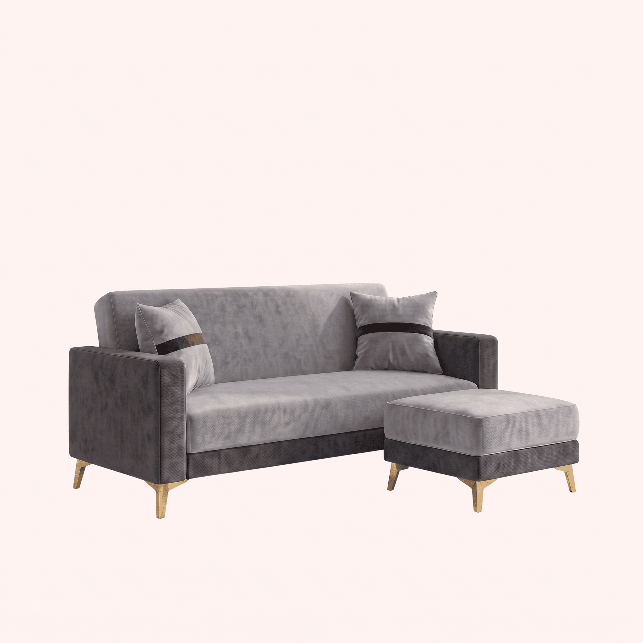 A modern two-seater sofa featuring a two-tone gray velvet upholstery, accompanied by a matching ottoman. The sofa has a low-profile design with sleek, straight arms and backrest, and is elevated by slender, gold-capped wooden legs. Two throw pillows with brown stripe detailing are included. The ottoman mirrors the sofa's design, featuring the same two-tone velvet and gold-capped legs. — 3D model