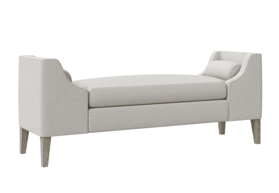 A light-colored, upholstered chaise lounge with a rolled armrest on one end and a sloped backrest on the other. It features four tapered wooden legs and a bolster pillow at the rolled armrest end. The upholstery appears to be a textured fabric. — 3D model