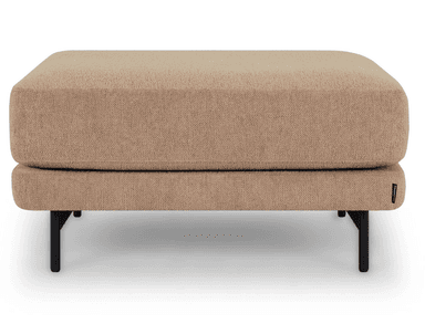 A rectangular ottoman with a cushioned top and a fabric upholstery. It is supported by four slender, black metal legs. — 3D model