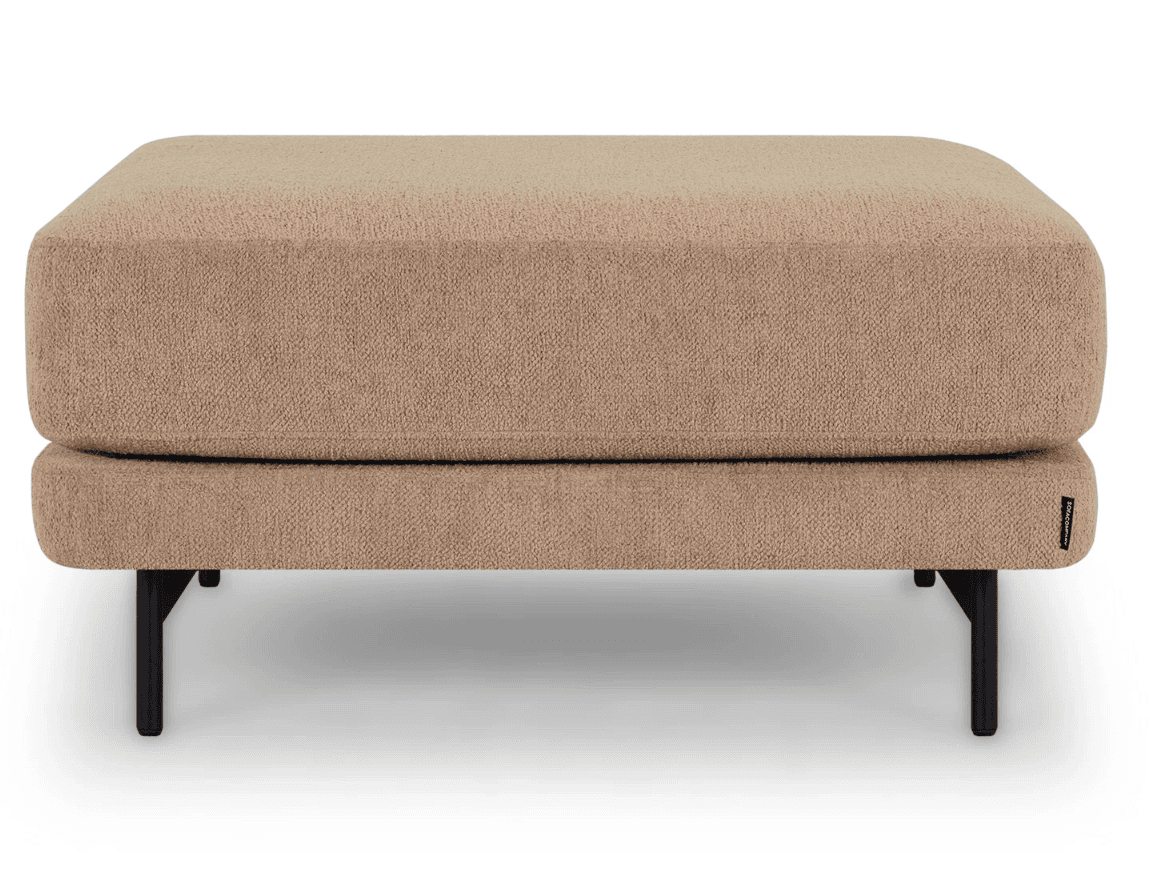 A rectangular ottoman with a cushioned top and a fabric upholstery. It is supported by four slender, black metal legs. — 3D model
