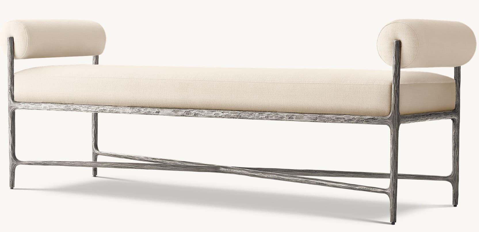 An industrial-style upholstered bench featuring a cream-colored fabric cushion and cylindrical bolsters on each end, supported by a dark, textured metal frame with an X-stretcher detail. — 3D model