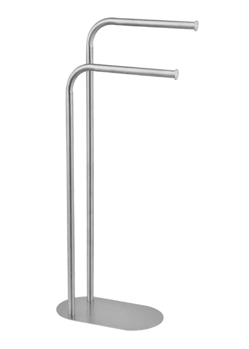 A modern freestanding towel rack constructed from brushed metal, featuring two horizontal bars for hanging towels, supported by two vertical uprights that curve gracefully. The entire structure rests on a stable, oval-shaped base, also in a brushed metal finish. — 3D model