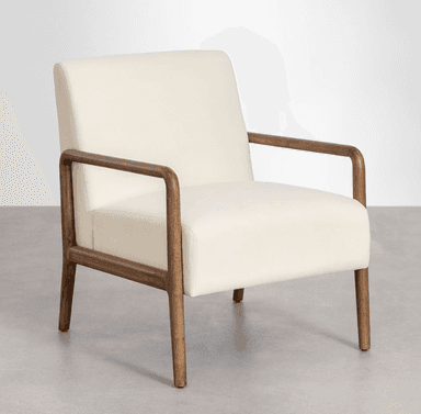 A close-up view of the base of an armchair, showing the junction of a cream-colored upholstered seat and a wooden frame. The wooden elements appear to be made of a light to medium-toned wood with visible grain, exhibiting a smooth, finished surface. The upholstery is subtly textured and features clean stitching lines. The overall design suggests a modern or mid-century modern aesthetic. — 3D model