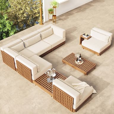 A modular outdoor sofa set featuring a sectional sofa, an armless chair, and a coffee table. The furniture pieces have a modern design with light-colored upholstered cushions and a slatted wooden base and frame. The coffee table also features a slatted wooden surface. The sectional sofa is configured in an L-shape. — 3D model