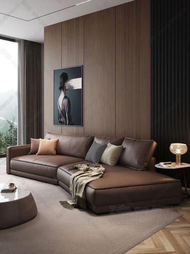 A contemporary L-shaped sectional sofa featuring a main seating unit and a chaise lounge extension, upholstered in a warm brown leather or faux leather material. It has clean lines, block arms, and backrests with separate, plush cushions. The overall design is sleek and modern. — 3D model