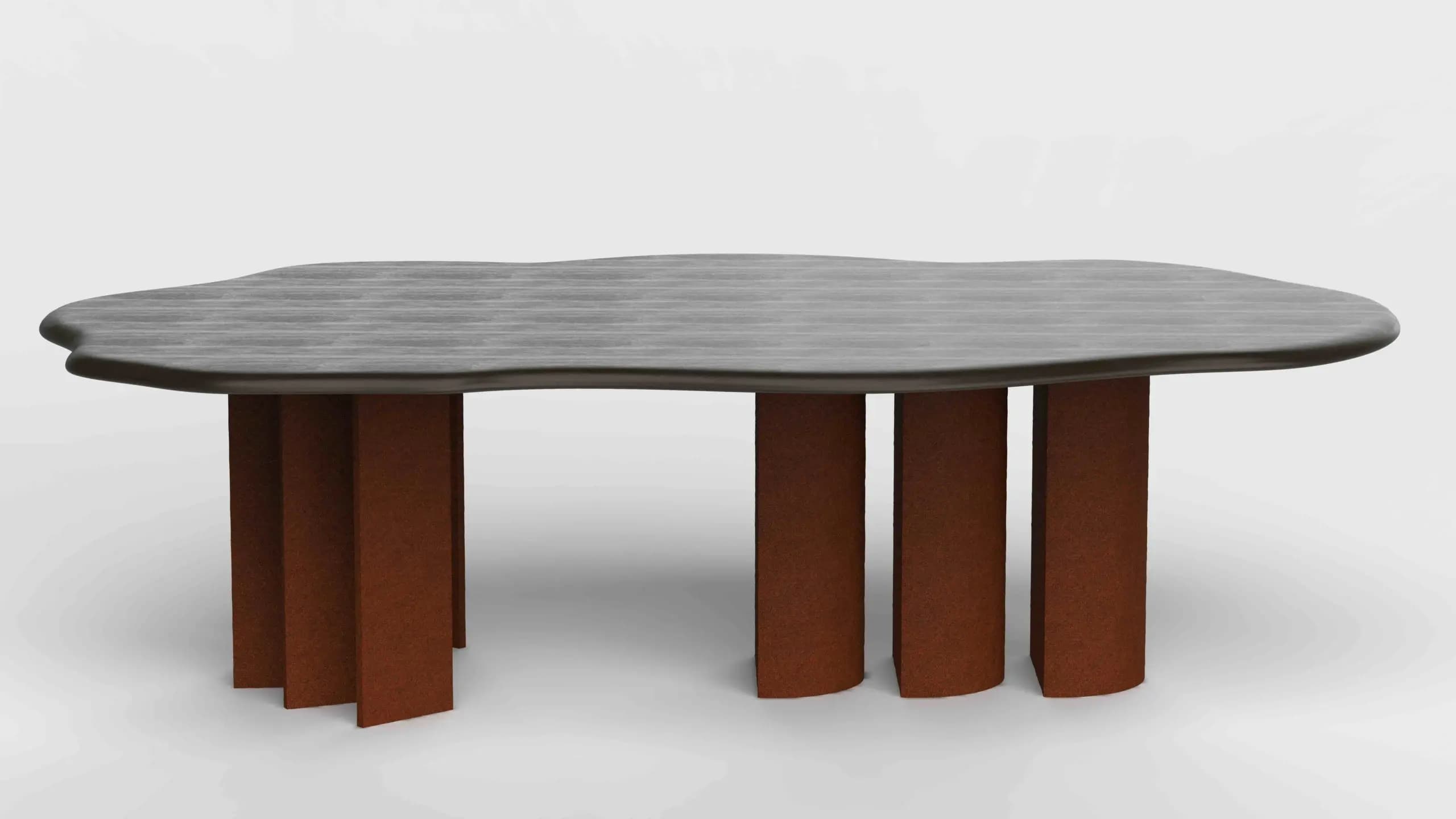 A coffee table with an organically shaped, irregular top and a base composed of multiple cylindrical legs. The tabletop has a dark, textured surface, possibly wood grain or a stone composite, with a smooth, rounded edge. The legs are a uniform rust-orange color and have a matte, possibly cork or textured composite finish. — 3D model