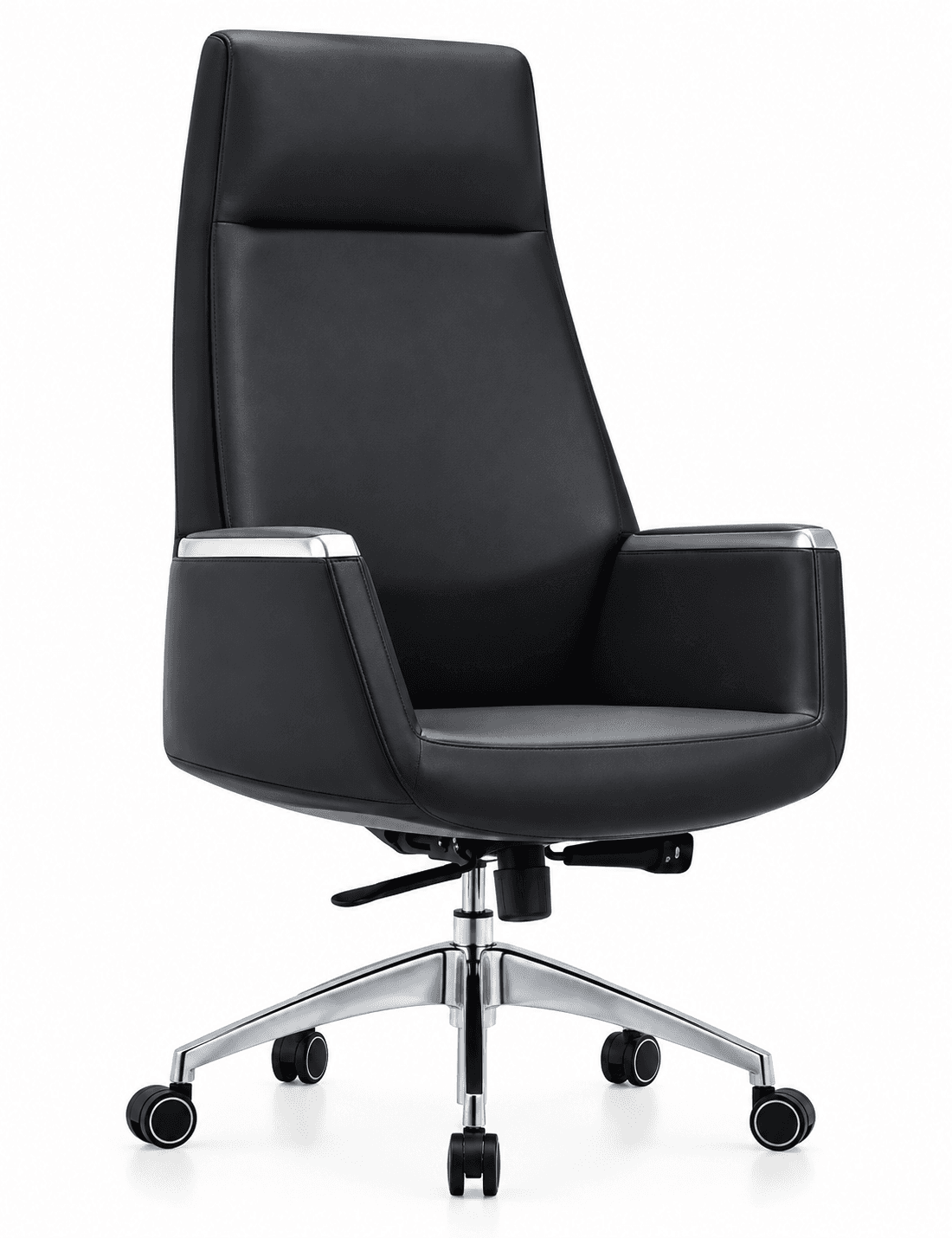 A high-back executive office chair featuring black leather upholstery, padded armrests with chrome accents, and a polished chrome five-star base with casters. It includes visible levers for height and tilt adjustment, indicative of ergonomic functionality. The chair presents a sleek, contemporary design suitable for professional environments. — 3D model