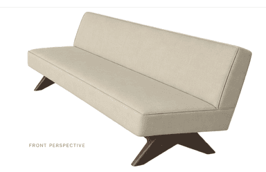 An armless upholstered bench or settee featuring a light, neutral fabric and a distinctive base with splayed dark wood legs. The backrest is gently angled, and the seat and back cushions have piped edges, giving it a tailored and modern appearance. — 3D model