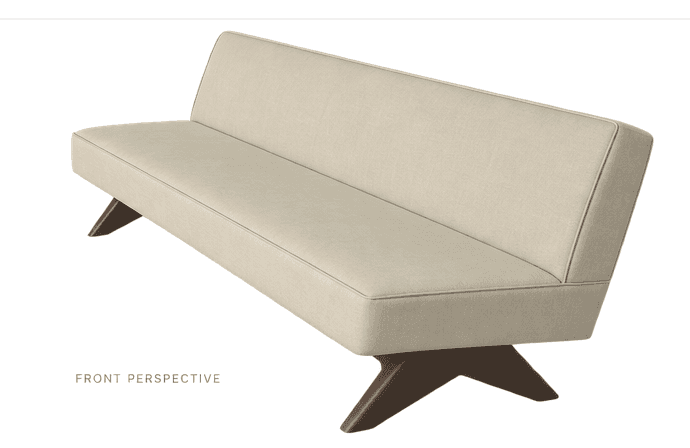 An armless upholstered bench or settee featuring a light, neutral fabric and a distinctive base with splayed dark wood legs. The backrest is gently angled, and the seat and back cushions have piped edges, giving it a tailored and modern appearance. — 3D model