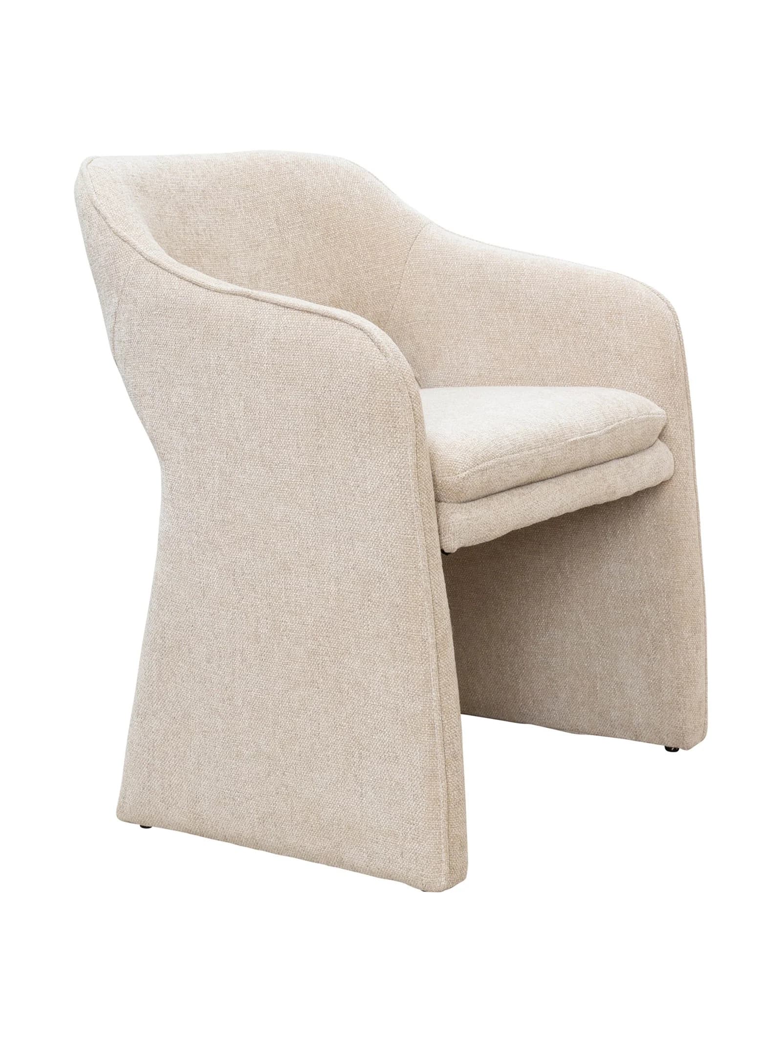 A contemporary armchair fully upholstered in a light beige, textured fabric. The chair features a fluid, integrated design where the backrest, armrests, and base form a continuous, sculptural silhouette. It includes a separate, removable seat cushion for enhanced comfort. The design lacks visible legs, with the wide, tapering base providing stability and a minimalist aesthetic. — 3D model