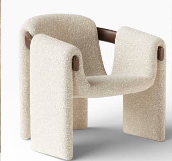 A contemporary armchair with a unique, sculptural design. The chair features a rounded, upholstered seat and back that curves into substantial, U-shaped legs. Dark wooden armrests are integrated into the upholstery. — 3D model