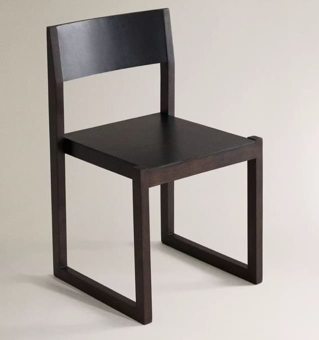 A modern chair with a minimalist design. It features a dark-colored seat and backrest, supported by a dark wooden frame. The frame has a geometric, rectilinear construction, with square-profile legs and a simple back support. — 3D model