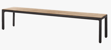 A minimalist, rectangular bench featuring a slatted natural wood top supported by a sturdy dark-colored metal frame. The frame forms a continuous loop for each pair of legs, connected by a horizontal beam just under the wood slats. The overall design is clean and contemporary, suggesting suitability for both indoor and outdoor use. The wood slats show a light, natural grain. — 3D model