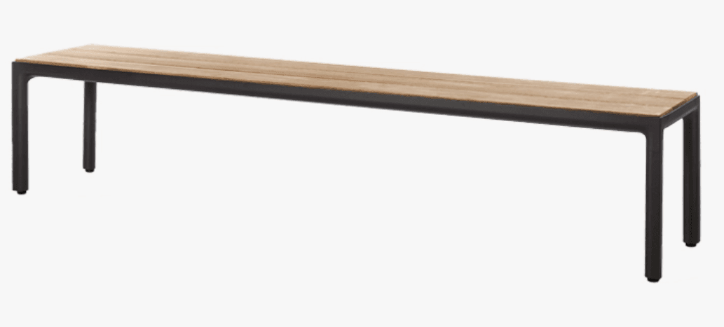 A minimalist, rectangular bench featuring a slatted natural wood top supported by a sturdy dark-colored metal frame. The frame forms a continuous loop for each pair of legs, connected by a horizontal beam just under the wood slats. The overall design is clean and contemporary, suggesting suitability for both indoor and outdoor use. The wood slats show a light, natural grain. — 3D model