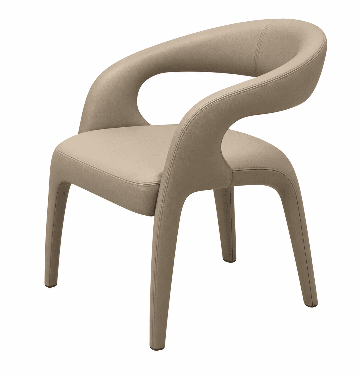A modern, sculptural armchair featuring a continuous, curved form that integrates the backrest and armrests into a single seamless line. The entire chair, including the legs, is fully upholstered in a smooth, neutral-toned material, likely beige or taupe leather or high-quality faux leather, with subtle, precise stitching detailing the contours. The design is minimalist and elegant, with no sharp angles. — 3D model