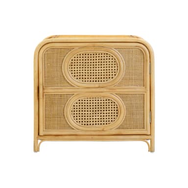 A two-drawer cabinet constructed from woven rattan. The cabinet features rounded corners and decorative oval-shaped panels on the drawer fronts and side panels. It is supported by four slender legs. — 3D model