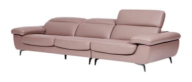 A contemporary three-seater sofa upholstered in a light mauve or pinkish-beige leather or faux leather. It features three distinct seat cushions and three backrests, with the rightmost backrest (from the viewer's perspective) showing an adjustable headrest in an upright position. The armrests are wide, curved, and plush. The sofa is supported by low-profile legs, with the outer legs being angular chrome-finished and the interior legs appearing as cylindrical black supports. — 3D model