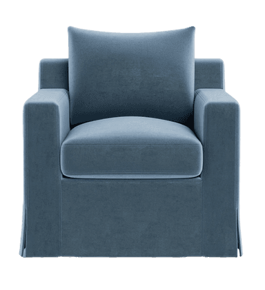 A plush, slipcovered armchair with a skirted base and a single throw pillow. The armchair features a boxy silhouette with straight arms and a deep seat. — 3D model