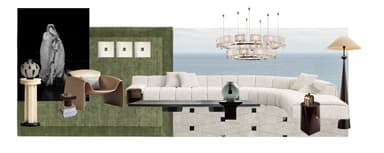 A large, modern L-shaped modular sectional sofa upholstered in a light, textured fabric. It features prominent horizontal channel tufting across all seating surfaces, backrests, and low-profile armrests. The configuration includes a long sofa segment, a corner piece, and an integrated chaise lounge. Several matching throw pillows are placed on the sofa. — 3D model