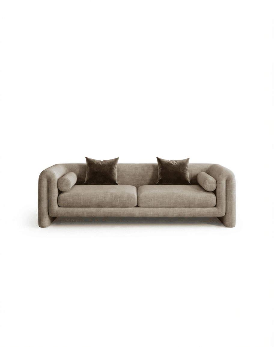 A contemporary two-seat sofa with a distinct rounded, continuous frame, upholstered in a light beige textured fabric. It features two seat cushions, two back cushions, two cylindrical bolster pillows, and two square accent pillows in a darker brown. — 3D model