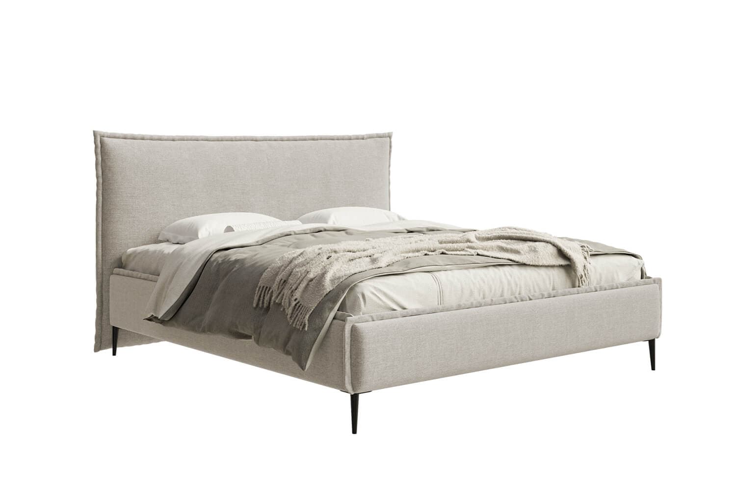 A modern upholstered bed frame with a rectangular headboard. The bed is dressed with white sheets, a grey duvet, and a textured throw blanket. It is supported by four slender, dark-colored legs. — 3D model