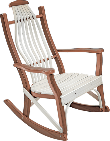 A robust rocking chair designed with an Adirondack aesthetic, featuring a two-tone construction. The frame is a dark brown, possibly wood or wood composite, while the seat and backrest consist of lighter, cream-colored slats. The backrest slats are vertically oriented and gently curved for ergonomic support, and the seat slats are arranged horizontally with a slight contour. Broad, curved armrests provide comfort, and the base incorporates traditional rocking runners. — 3D model
