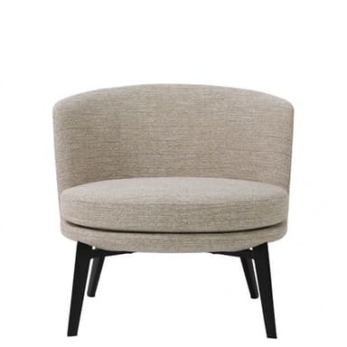 A contemporary armless accent chair with a low-profile design, upholstered in a light beige textured fabric. The chair features a rounded backrest that seamlessly blends into the seat, providing a bucket-like form. It is supported by four dark, tapered wooden legs. — 3D model