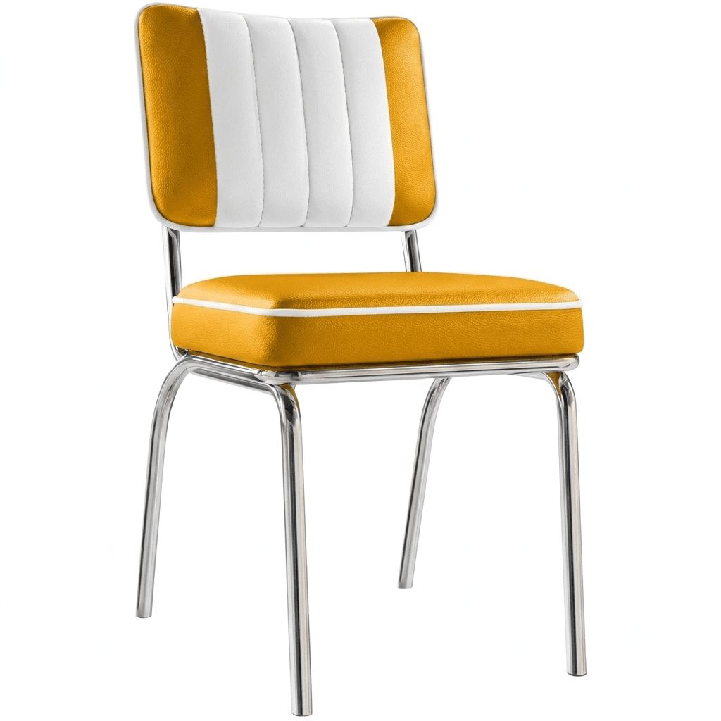 A retro-style dining chair featuring a chrome-plated metal frame, a mustard yellow upholstered seat, and a yellow and white striped upholstered backrest with channel tufting. — 3D model