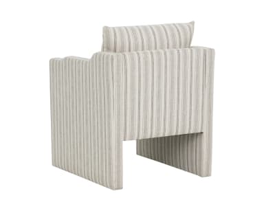 A modern armchair with a streamlined silhouette and a channeled backrest. The chair features integrated armrests and a boxy base. It is upholstered in a fabric with a vertical stripe pattern. A single loose back cushion is present. — 3D model