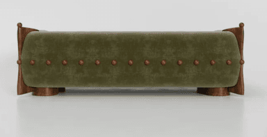 A stylish bench featuring plush olive green velvet upholstery with decorative stud accents, framed by distinctively sculpted dark wood end pieces and base. The wood elements exhibit a rich, warm tone. — 3D model