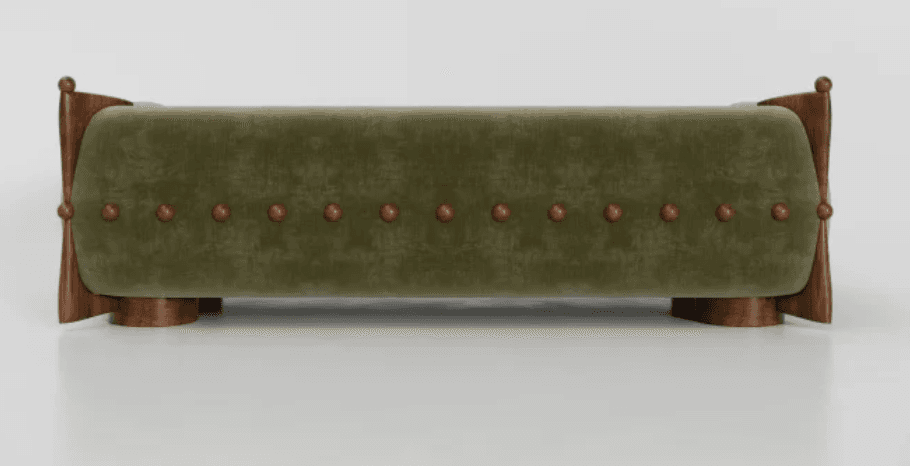 A stylish bench featuring plush olive green velvet upholstery with decorative stud accents, framed by distinctively sculpted dark wood end pieces and base. The wood elements exhibit a rich, warm tone. — 3D model