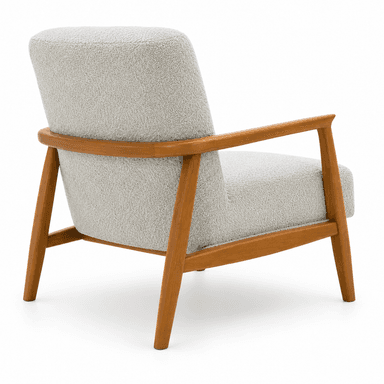 A modern upholstered armchair featuring a light-colored, textured boucle fabric and a visible wooden frame with tapered legs. — 3D model