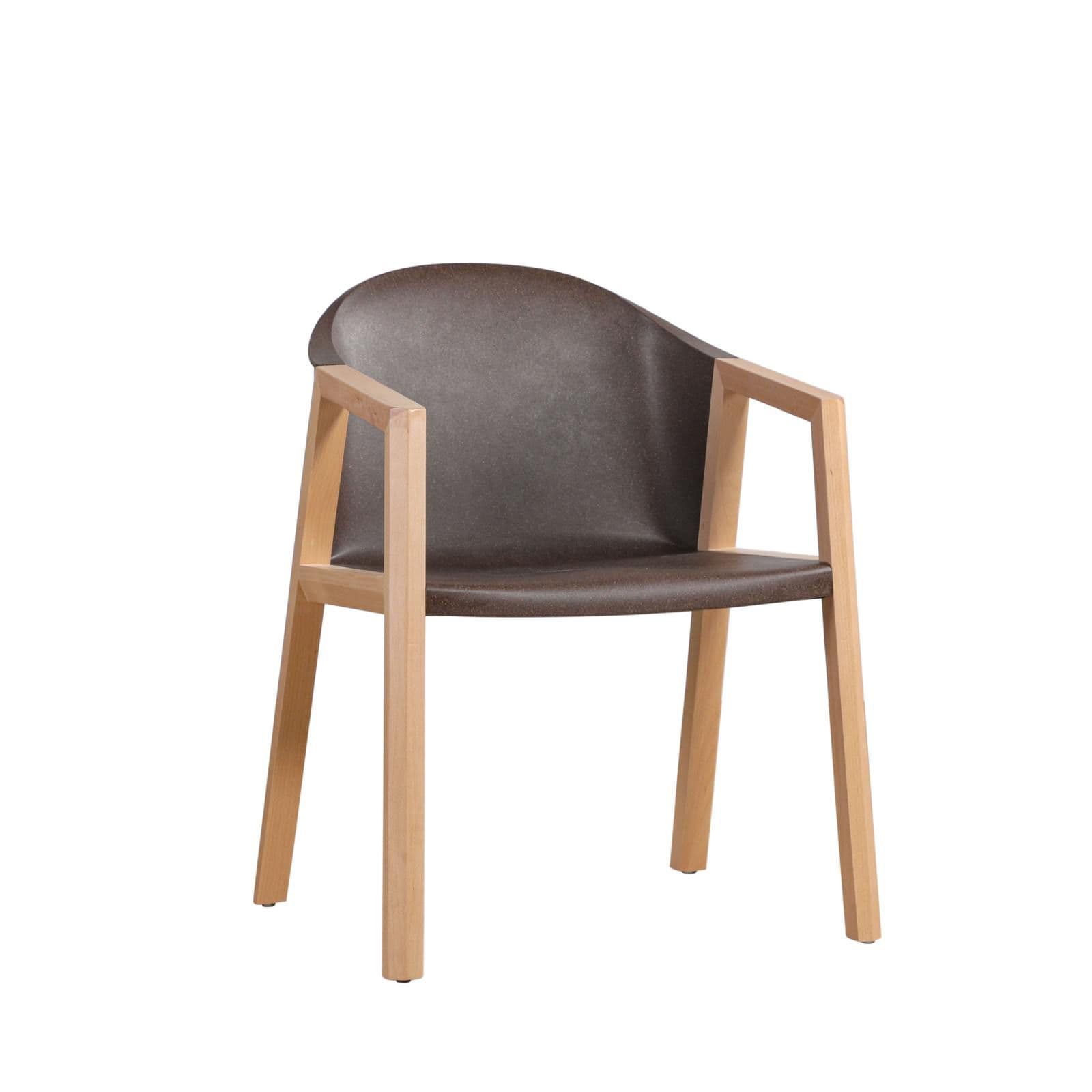 A modern armchair with a dark brown, slightly textured seat and backrest, supported by a light wood frame. The frame consists of four legs, two of which extend upwards to form armrests with a rectangular cutout. The seat and backrest appear to be molded as a single piece. — 3D model