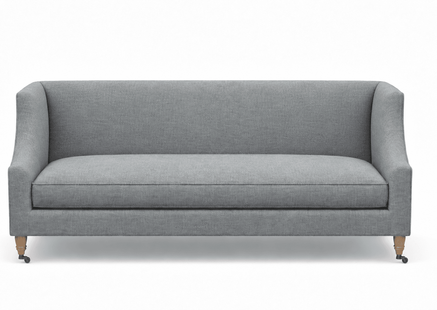 Gray upholstered loveseat with gently rolled arms, a single loose seat cushion, and exposed turned wooden legs with brass casters. — 3D model