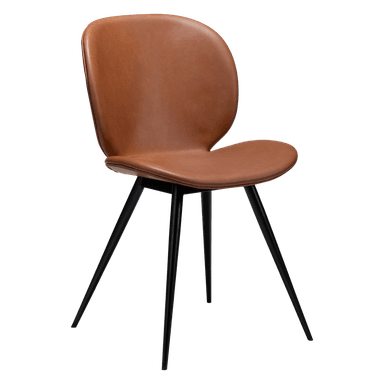 A modern dining chair with a curved, molded seat and backrest upholstered in brown leather. It features four slender, black metal legs that splay outwards for stability. The design is minimalist and contemporary. — 3D model