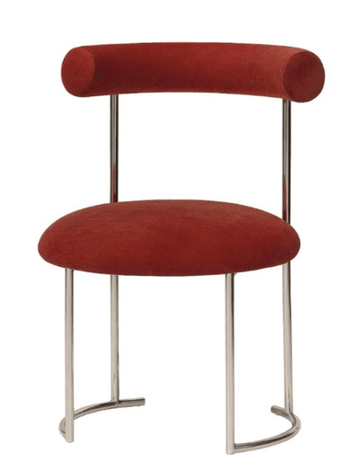 A contemporary armless side chair featuring a distinctive red upholstered circular seat and a cylindrical, padded backrest. The frame is constructed from polished chrome or stainless steel, forming a sled-style base with two vertical supports extending to hold the backrest. — 3D model