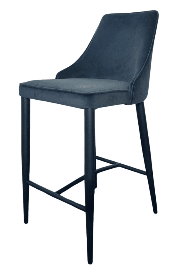 A contemporary bar stool with a plush, upholstered seat and backrest, supported by four slender, dark-colored legs connected by a footrest. — 3D model
