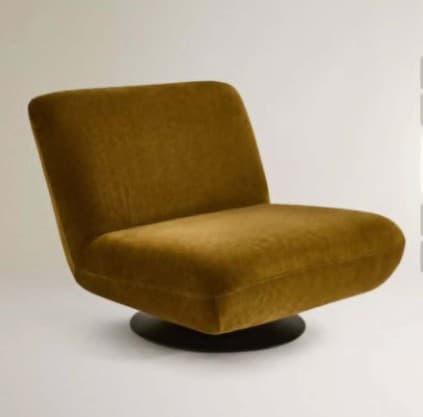 An armless, upholstered lounge chair featuring a deep golden yellow fabric and a minimalist black swivel base. The chair exhibits a contemporary design with a low profile. — 3D model